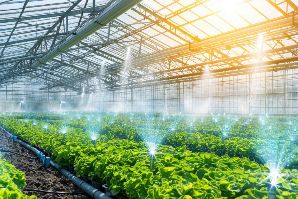 Gewächshaus mit Bewässerungsanlage. Das Wasser wird ohne Chlor und Chemie mit Nanonox aufbereitet