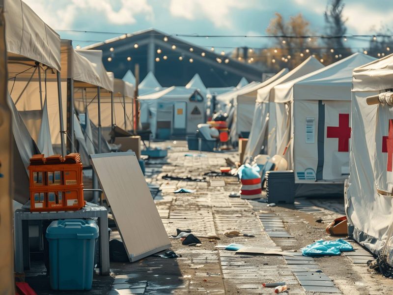 Disaster relief camp with volunteers providing aid